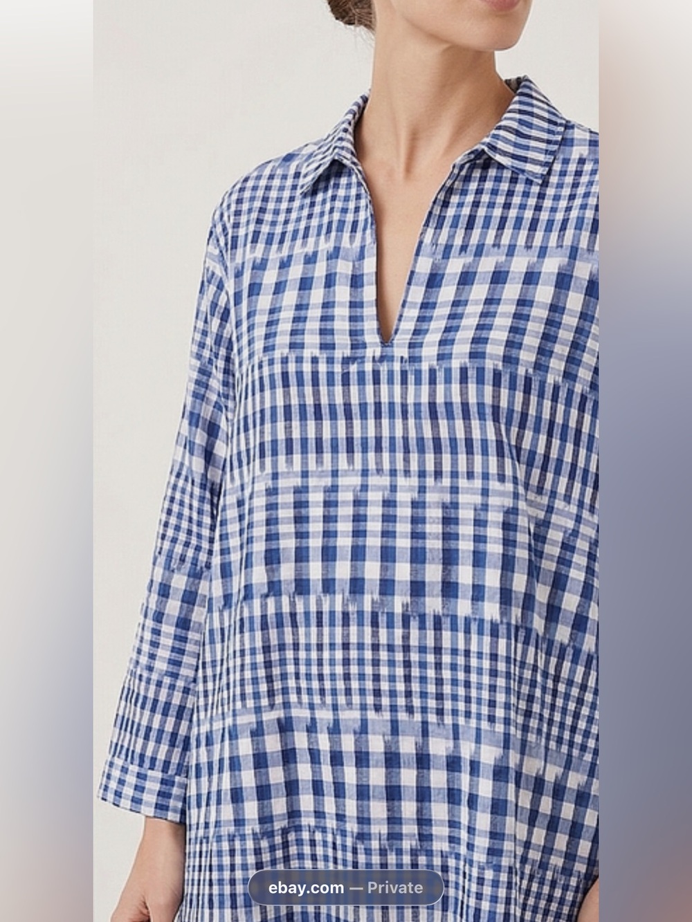 Tommy Bahama Women’s XL Blue White Gingham Patchwork 100% Cotton Tunic Roll Tab